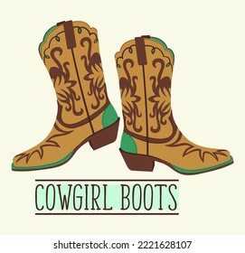 Cowgirl boots. Stylish decorated traditional footwear. Wild west.