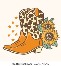 Cowgirl boots sunflowers decor vector printable illustration. Vector western cowboy boots with floral decoration isolated on white