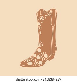 Cowgirl boots terracotta monochrome graphic. Cowboy boots stylized hand drawn vector illustration with skeleton skulls ornament isolated on beige background. Wild West concept. Hand made, not AI art