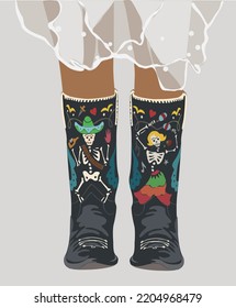 Cowgirl boots with traditional Mexican Day of the Dead symbols - skeletons dressed in folk costume. A pair of Stylish decorative cowboy boots with legs and white dress. Vector realistic illustration.