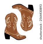 Cowgirl boots. Traditional western cowboy boots decorated with embroidered wild west ornament. Flat vector art illustration isolated on white background.