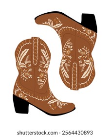 Cowgirl boots. Traditional western cowboy boots decorated with embroidered wild west ornament. Flat vector art illustration isolated on white background.