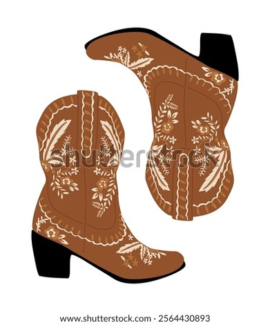 Cowgirl boots. Traditional western cowboy boots decorated with embroidered wild west ornament. Flat vector art illustration isolated on white background.