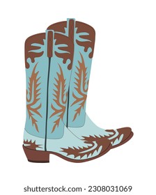 Cowgirl boots. Traditional western turquoise leather cowboy boots decorated with embroidered wild west elements. Realistic vector art illustration isolated on white background. Digital sticker