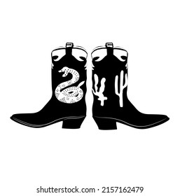 Cowgirl boots with traditional Wild West shake and cactus decoration. Cowboy boots stylized hand drawn monochrome vector illustration isolated on white background.