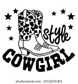 Cowgirl boots vector illustration isolated on white. Vector printable cowboy boots with cow pattern and stars decoration for design. Cowboy text