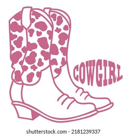 Cowgirl boots vector illustration. Vector western cowboy pink boots with cow decoration isolated on white