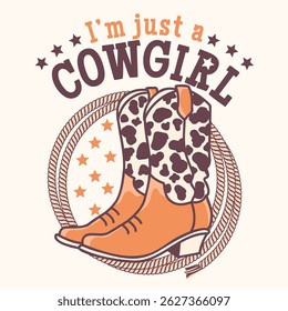 Cowgirl boots vector printable illustration. Vector western cowboy boots with lasso and cowgirl text isolated on white