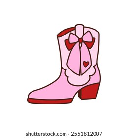 Cowgirl boots. Western footwear decorated coquette pink bow, heart. Retro aesthetic women shoes. Wild West clipart. Vector illustration isolated on white background