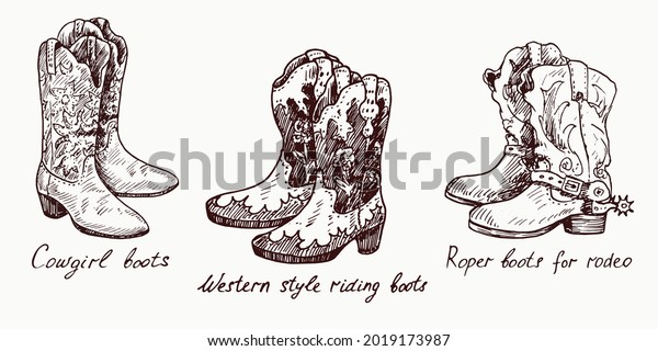 Cowgirl boots, Western style riding\
boots,Roper boots for rodeo, woodcutstyle ink drawing illustration\
with inscription