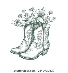 Cowgirl boots with wildflower bouquet. Vintage western footwear ink sketch vector clipart.