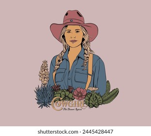 vaquera con la Ilustración vectorial de la flor del cactus, muchacha del campo en el Arte vectorial del sombrero, impresión gráfica occidental de la muchacha del rodeo