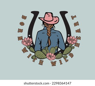 cowgirl with cactus vector illustration, cowgirl retro vintage print design, cactus flower vector, western desert design for t shirt, print, sticker, cowgirl in hat vector