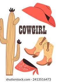Cowgirl card or poster for festive western cowboys themed event and party, flat vector illustration isolated on white background. Retro cowgirl boots with western hat.
