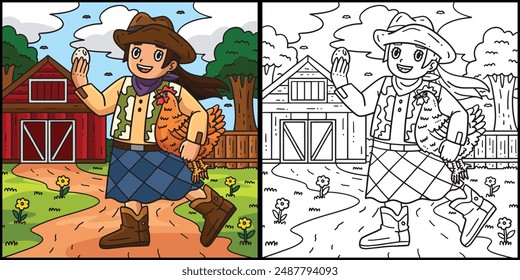 Cowgirl Carrying Chicken Coloring Illustration