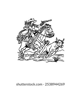 cowgirl catching a cow ilustration line art