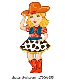 Cowgirl Child With Western Hat And Boots.Vector Happy Kid Illustration For Party Birthday 