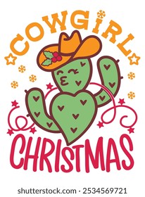 Cowgirl christmass vector printable card. Vector Cowgirl illustration with abstract green cactus wear in cowboy hat and holly berry decoration and Christmas text.
