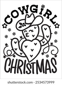 Cowgirl christmass vector printable card. Vector Cowgirl illustration with abstract green cactus wear in cowboy hat and holly berry decoration and Christmas text.