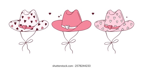 Cowgirl coquette pink hat set. Vector hand-drawn wild west headwear in trendy style. Coquette aesthetic clipart