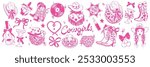 Cowgirl coquettish groovy party icon set vector hand drawn western bachelorette dancing doodle. American traditional hat, cowboy boots, disco ball, country woman face. Pink ribbon, cowgirl party print