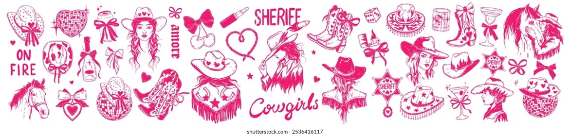 Cowgirl coquettish illustration set, vector western bachelorette disco hand drawn party sticker. American traditional Texas hat, boots, female ranch girl portrait, pink ribbon bow. Groovy cowgirl icon