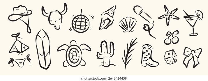 Cowgirl coquettish illustration set, vector western bachelorette disco hand drawn party sticker. American traditional Texas hat, boots, ribbon bow. Line art outline icon. Whimsical style collection.