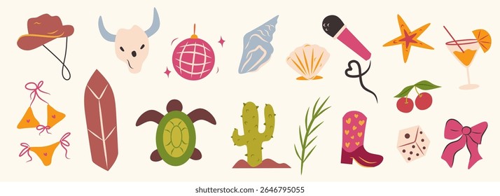 Cowgirl coquettish illustration set, vector western bachelorette disco hand drawn party sticker. American traditional Texas hat, boots, ribbon bow. Flat cartoon doodle icon. Whimsical style collection