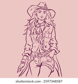 Cowgirl in costume with a hat vector for illustration, card, decoration