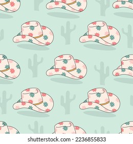 Cowgirl Cowboy Flora Daisy Cactus Hat Cute Trendy Y2K Fun Seamless Pattern