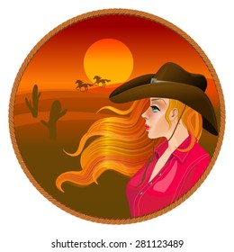 Cowgirl with cowboy hat, prairie, horse