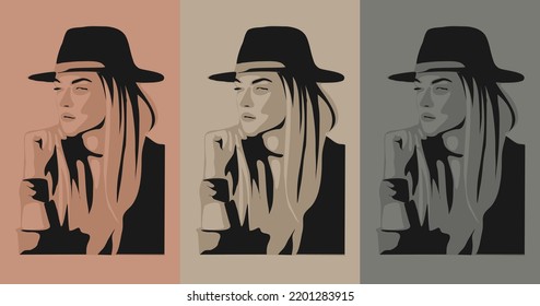 Cowgirl in cowboy hat . Vintage engraved style hand drawn vector illustration isolated on different neutral color backgrounds. Stylized monochrome graphic.