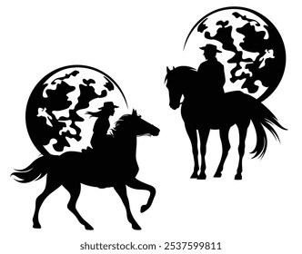 cowgirl and cowboy rider riding running and standing horse against full moon - wild west ranger black and white vector silhouette sticker design set