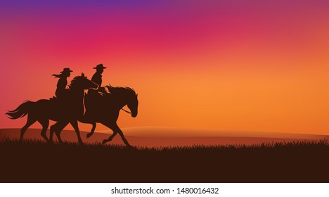 Cowgirl And Cowboy Riding Horses In Romantic Sunset Prairie Field - Wild West Rangers Vector Silhouette Design