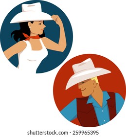 Cowgirl and cowboy round portrait badges, vector illustration, no transparencies, EPS 8