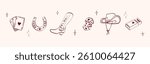 Cowgirl and cowboy set in hand drawn coquette style. Retro whimsical symbols for bachelorette and girls birthday party. Trendy art for holidays banner. Outline vector illustration