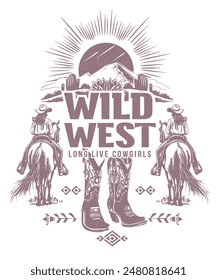 Cowgirl, desert landscape vector illustration.Cowboy Boot Vector Graphic.Western desert artwork for t shirt, sticker, poster, graphic print, retro vintage cowgirl design.Free spirit.Wild west slogan.
