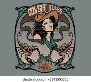 cowgirl desert vector print design, cowgirl with scorpion illustration, western desert artwork for t shirt, sticker, tattoo, poster