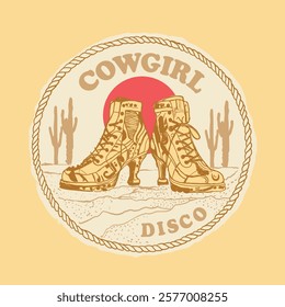 cowgirl disco boots in desert vibes. tropical summer print. vintage retro cowgirl graphics. print artwork. cow girl boots design. girls graphics. print design for t shirt, sweatshirt