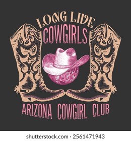 cowgirl Disco cap and boots in desert vibes, vintage artwork for t shirt. Cowgirl boots, disco ball, hat, horseshoe, cactus and lettering. Cowboy western and wild west theme. Hand drawn vector.