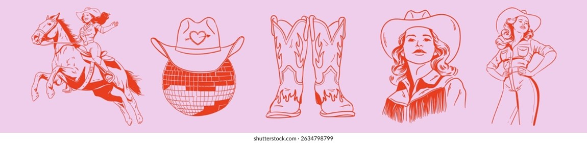 Cowgirl disco pink set. Hand drawn doodle drawing with Western and Vegas elements. Horse, woman, cowboy boots and hat, disco ball. American Wild West Vector. Retro illustration for girly party.	
