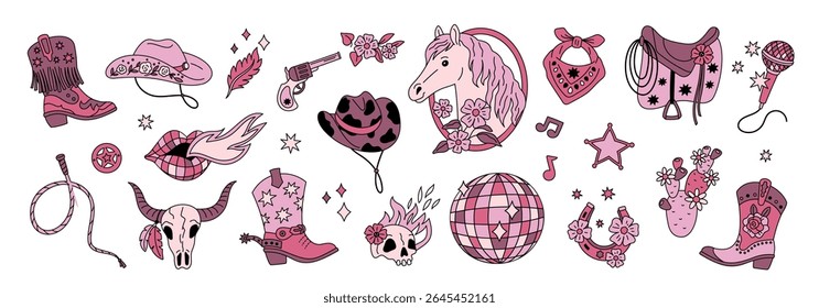 Cowgirl disco. Retro glamour rodeo accessories, pink girly country elements, funny fashion attributes, boots, hat, cute horse, horseshoe and scull, girly western sticker garish vector set