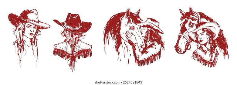 Conjunto de retrato de grabado de vaquera, cara de mujer occidental dibujada a mano de Vector, personaje femenino grunge de Texas. Señora de rancho americana en sombrero de vaquero tradicional con impresión retro del caballo. Ilustración de retrato de vaquera