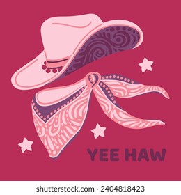 Cowgirl hat and bandana with stars poster. Yee haw text card with western fashion accessories. Hand drawn vector illustration design.