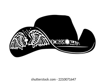 Cowgirl hat black and white monochrome graphic. Cowboy hats stylized hand drawn vector illustration isolated on white background. Wild West concept.