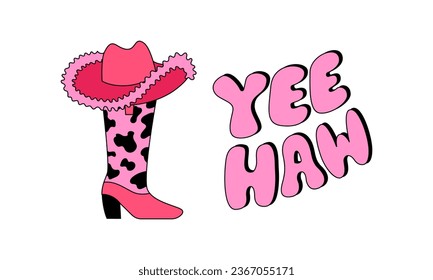 Cowgirl hat and boot with groovy lettering yeehaw. Vector illustration on isolated background