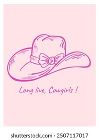 Cowgirl hat with a charming bow. Western poster. Pink coquette aesthetic. Hand drawn pink line art vector illustration.