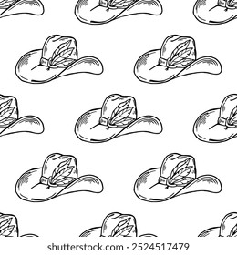 Cowgirl hat with feathers seamless pattern. Western aesthetic. Hand drawn doodles line art vector illustration.