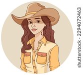 Cowgirl in a hat. Hand drawn vector illustration of beautiful young woman in cartoon style