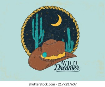 cowgirl hat illustration with wild dream typography design vector